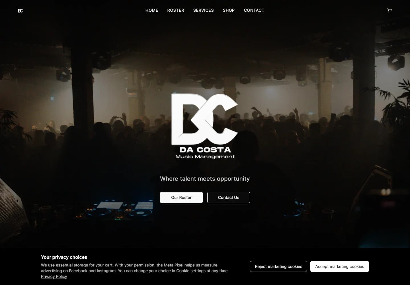 Página inicial do website Da Costa Music, com navegação e apresentação da agência
