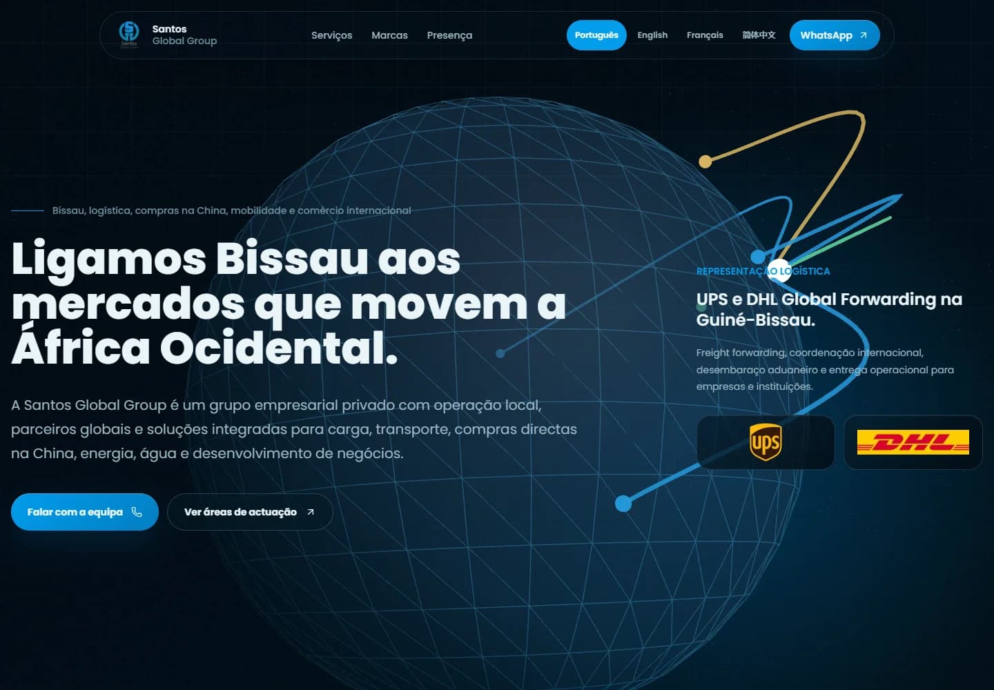 Website Santos Global Group com apresentação dos serviços, idiomas e contacto por WhatsApp